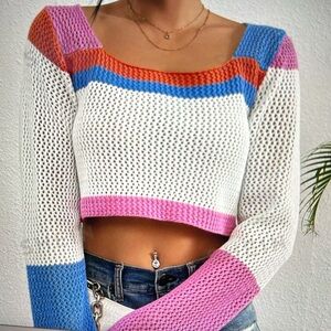 SHEIN- color block hollow out knitted cropped sweater